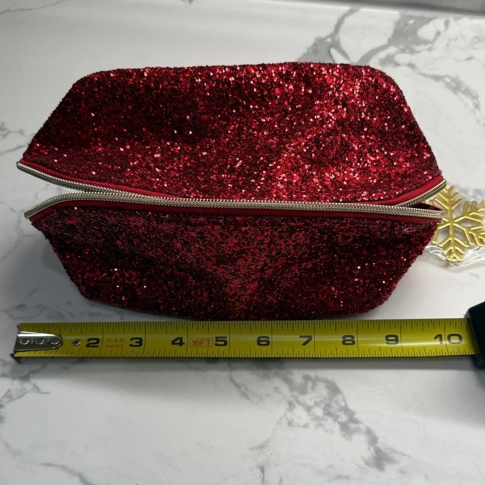 Christmas Holiday Red glitter cosmetic zip bag with gold snowflake charm new
